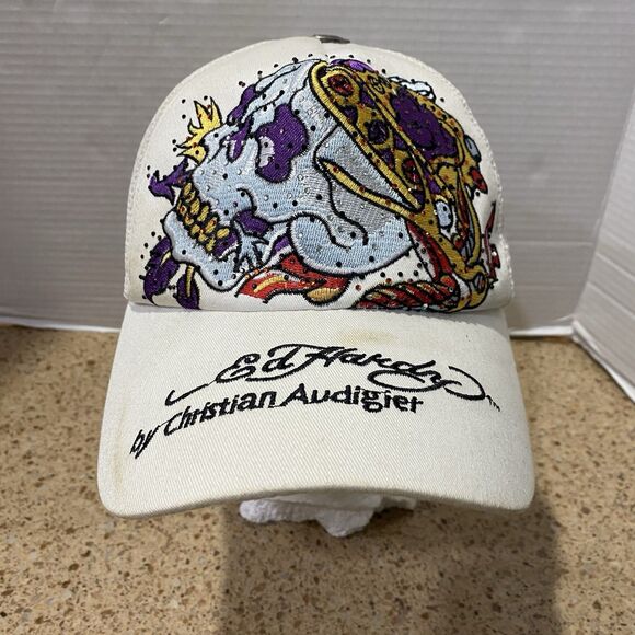 Vintage Ed Hardy By Christian Audigier White Skull With Rhinestones Trucker Hat main image 7